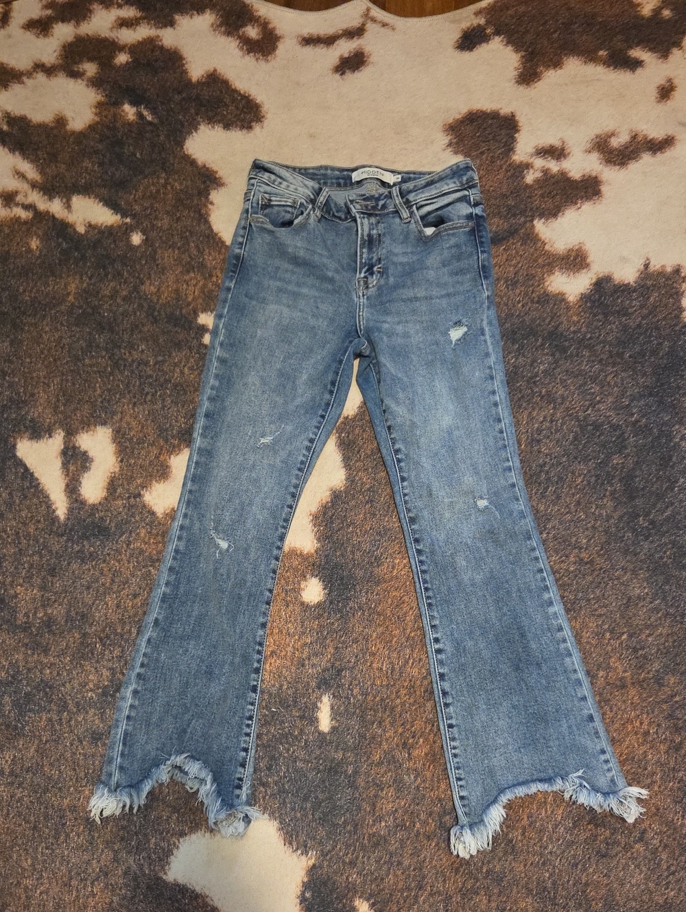 Women’s Blue Distressed Flare Jeans with Frayed Hem